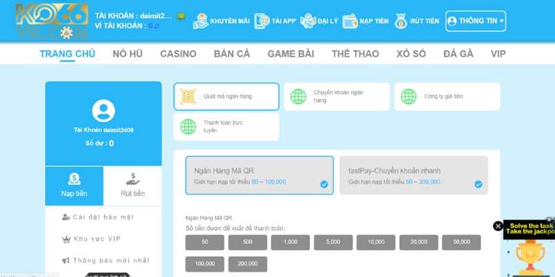 Bước 2: Truy cập đến mục nạp tiềN KO66